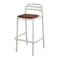 White bar stool with a sleek design and a brown cushioned seat. Modern and minimalistic for any space.