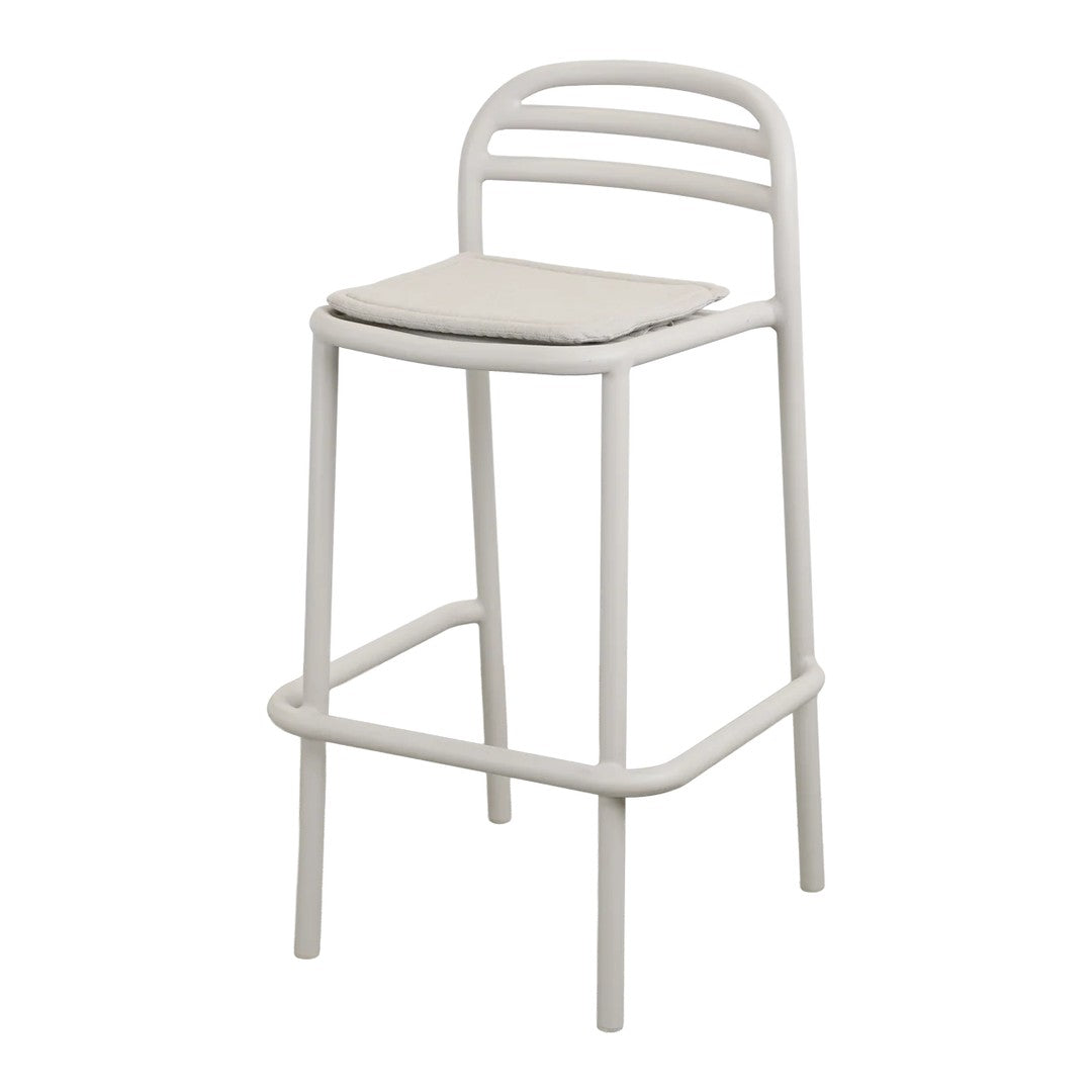 Light gray bar stool with a minimalist design and a simple striped backrest. Soft cushion for added comfort.