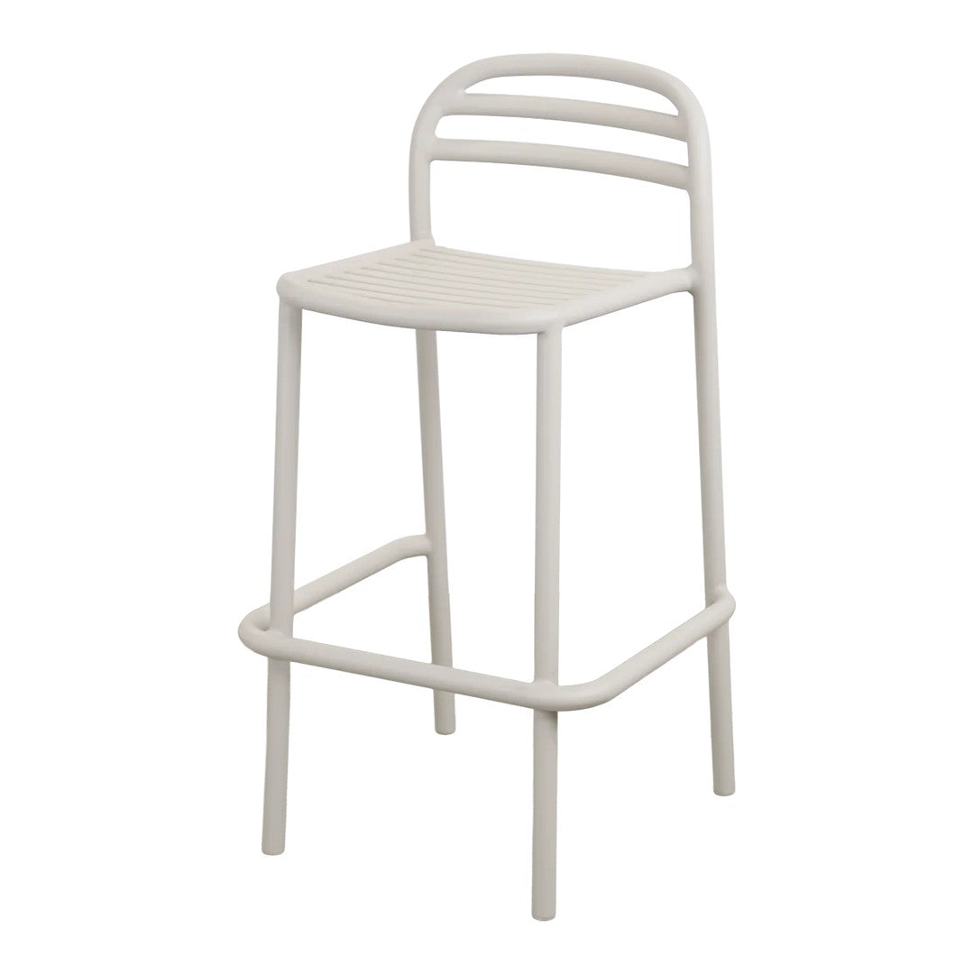 Light gray bar stool with a minimalist design and horizontal stripe backrest, perfect for modern decor.