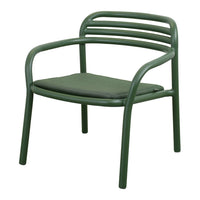 Green metal chair with a slatted back and dark green cushion, perfect for outdoor or indoor use.