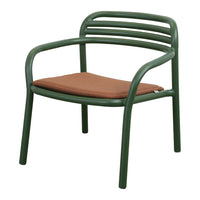 Green metal armchair with a cushioned brown seat and minimalist striped backrest design. Perfect for outdoor or indoor use.