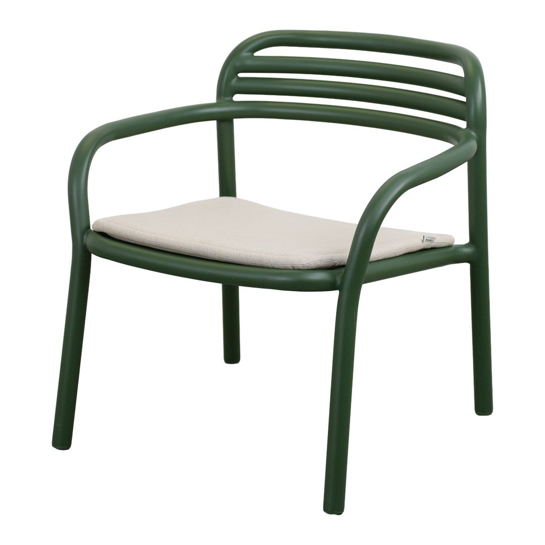 Green chair with striped backrest and a cream cushions seat, perfect for outdoor or indoor decor.