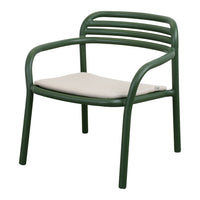 Green chair with striped backrest and a cream cushions seat, perfect for outdoor or indoor decor.