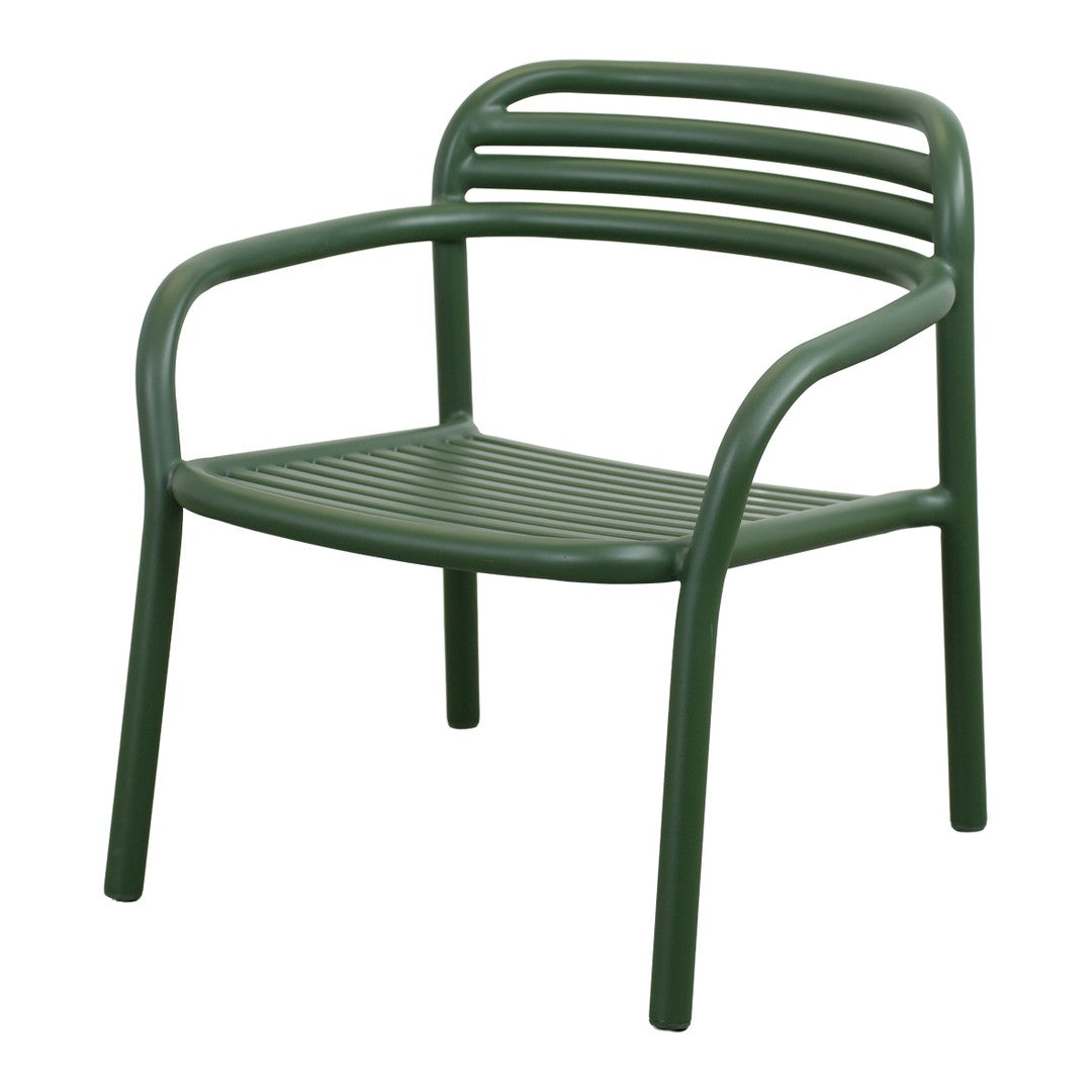 Green outdoor chair with sleek, horizontal slats and a modern design, perfect for patio or garden decor.