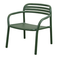 Green outdoor chair with sleek, horizontal slats and a modern design, perfect for patio or garden decor.