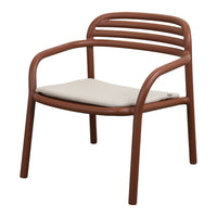 Brown striped chair with a beige cushion, featuring a sleek, modern design. Perfect for stylish indoor or outdoor spaces.
