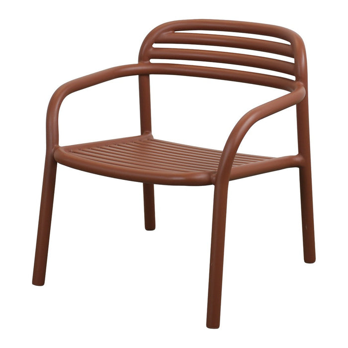 Brown ribbed chair with slatted design, featuring a simple and modern style perfect for indoor or outdoor use.