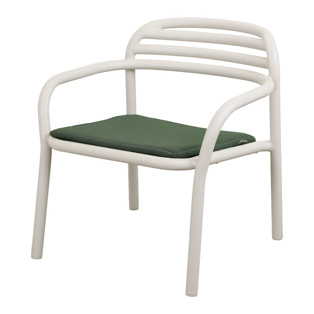 White chair frame with green cushion, featuring a simple striped back design for a modern look.