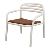 White metal chair with a striped backrest and a brown cushion seat, perfect for outdoor or indoor use.