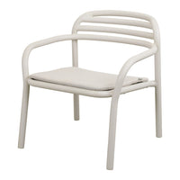 Light beige chair with simple, curved lines and a slatted backrest, featuring a soft cushioned seat.
