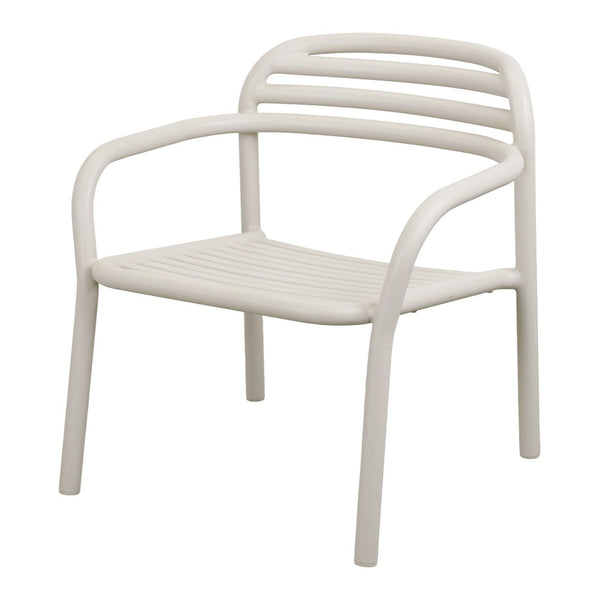 Light gray minimalist chair with horizontal slat pattern and curved armrests, perfect for modern decor.