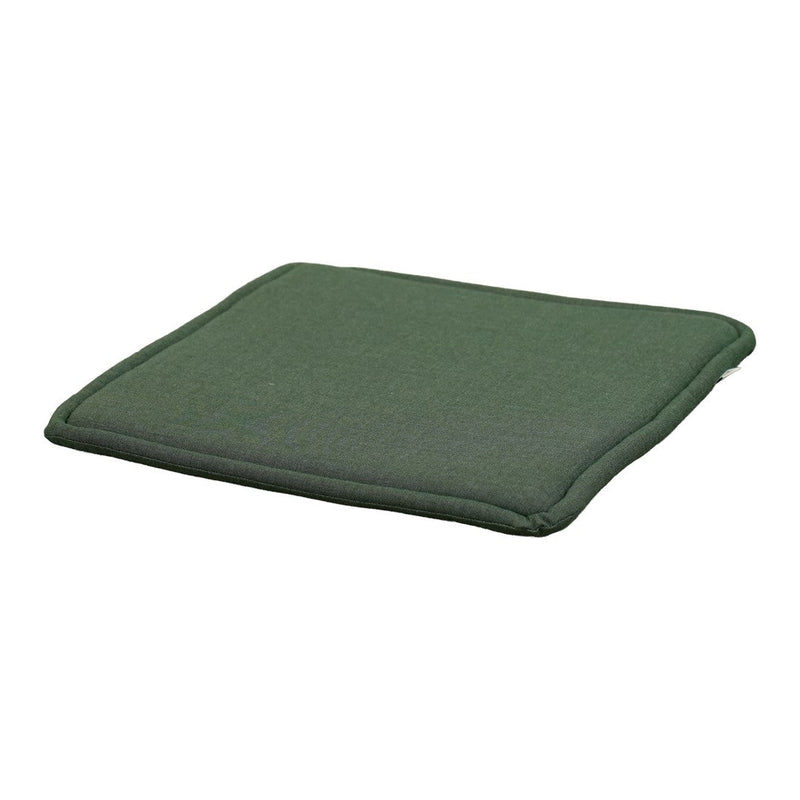 Green square cushion with a simple, solid color design and a plush texture. Perfect for seating or decoration.