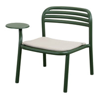 Green metal chair with a minimalist design, featuring a beige cushion and smooth, curved lines.