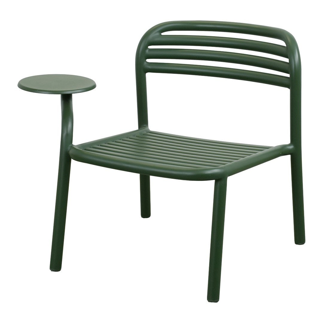 Green striped chair with a minimalist design and a small side table for added functionality. Perfect for outdoor use.