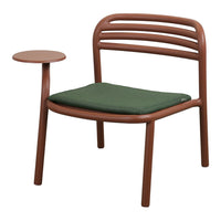 Brown wooden chair with green cushion and circular side table, featuring a modern, minimalist design.