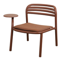 "Brown chair with curved slat back and matching cushion, featuring a round side table for modern accent decor."