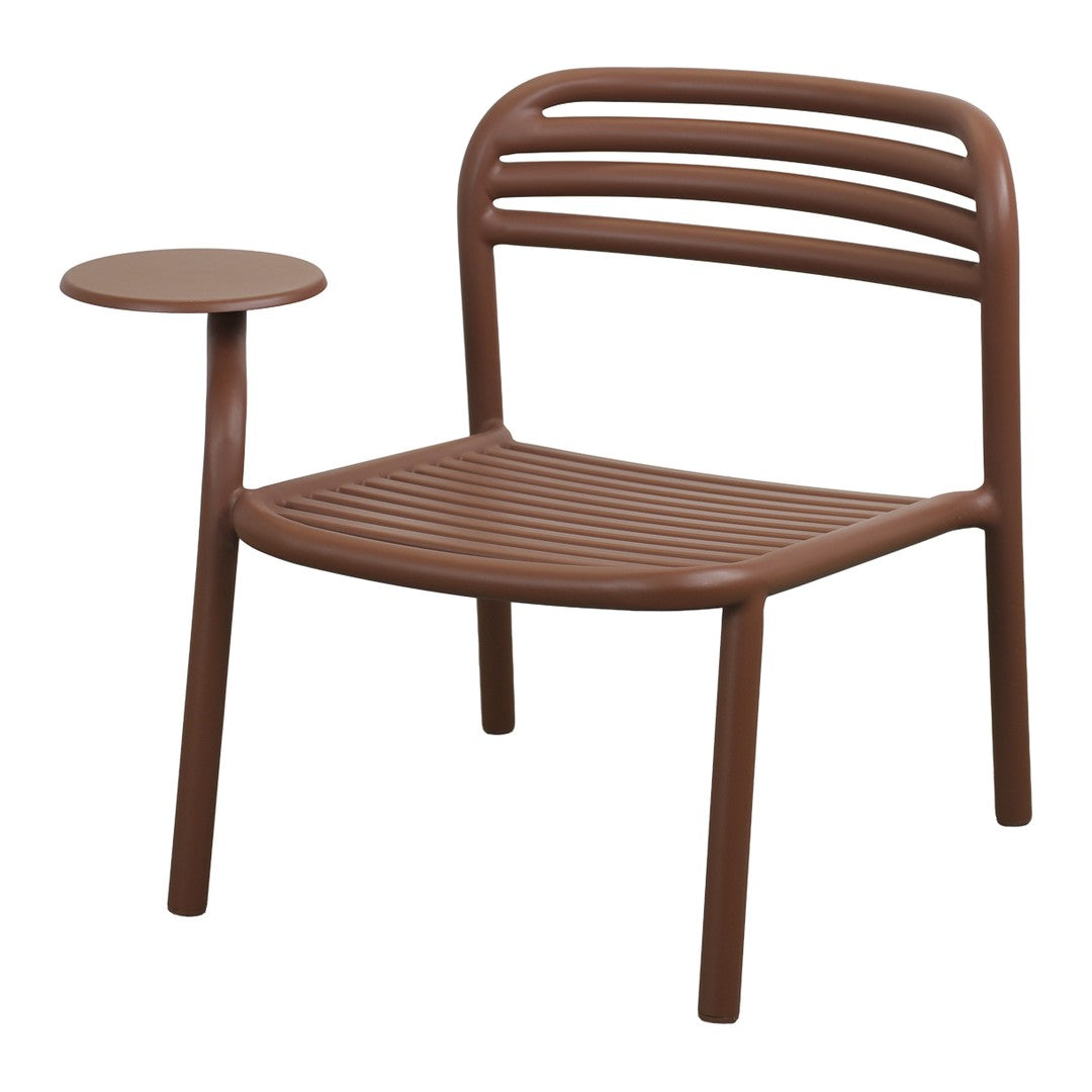 Brown striped chair with matching side table and minimalist design, perfect for modern decor.