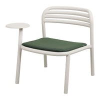White chair with a green cushion, featuring sleek, minimalist lines and a round side table. Perfect for modern decor.