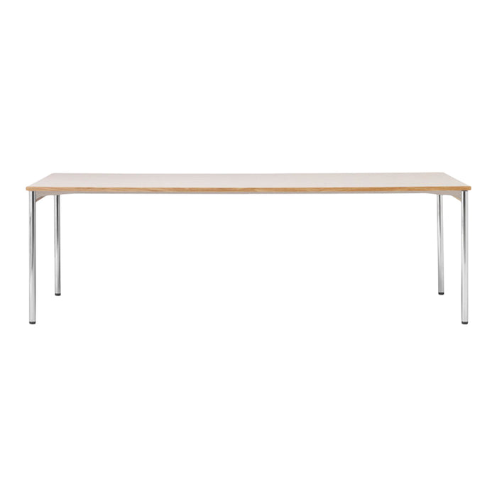 Sleek white tabletop with natural wood grain trim and silver metal legs, offering a modern minimalist design.