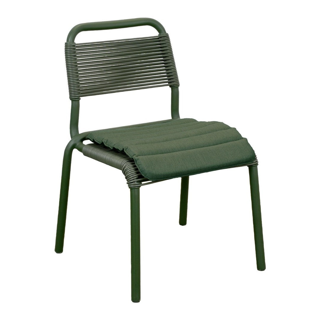 Green outdoor chair featuring a ribbed back and cushioned seat, ideal for modern patio decor.