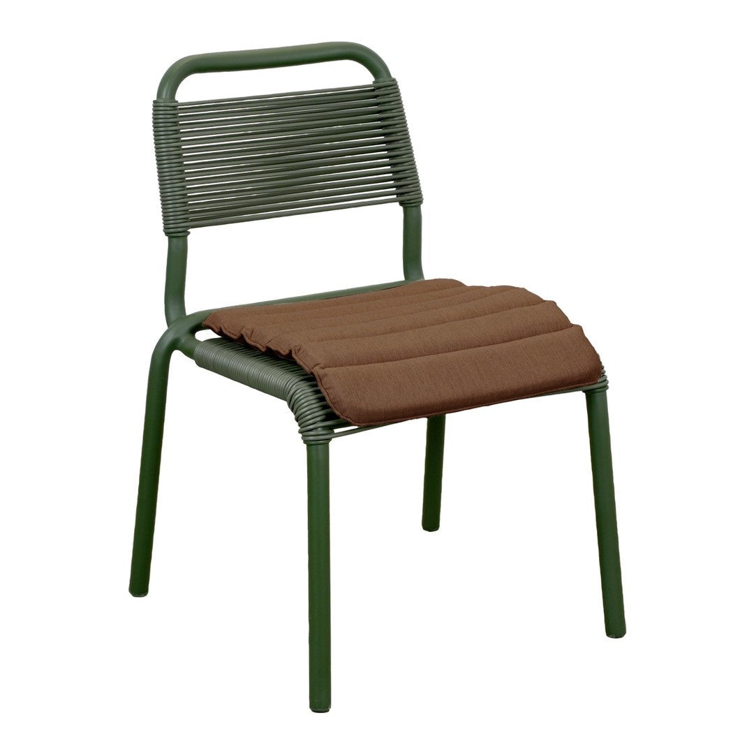 Green striped chair with a brown padded seat, perfect for outdoor or indoor use. Simple and stylish design.