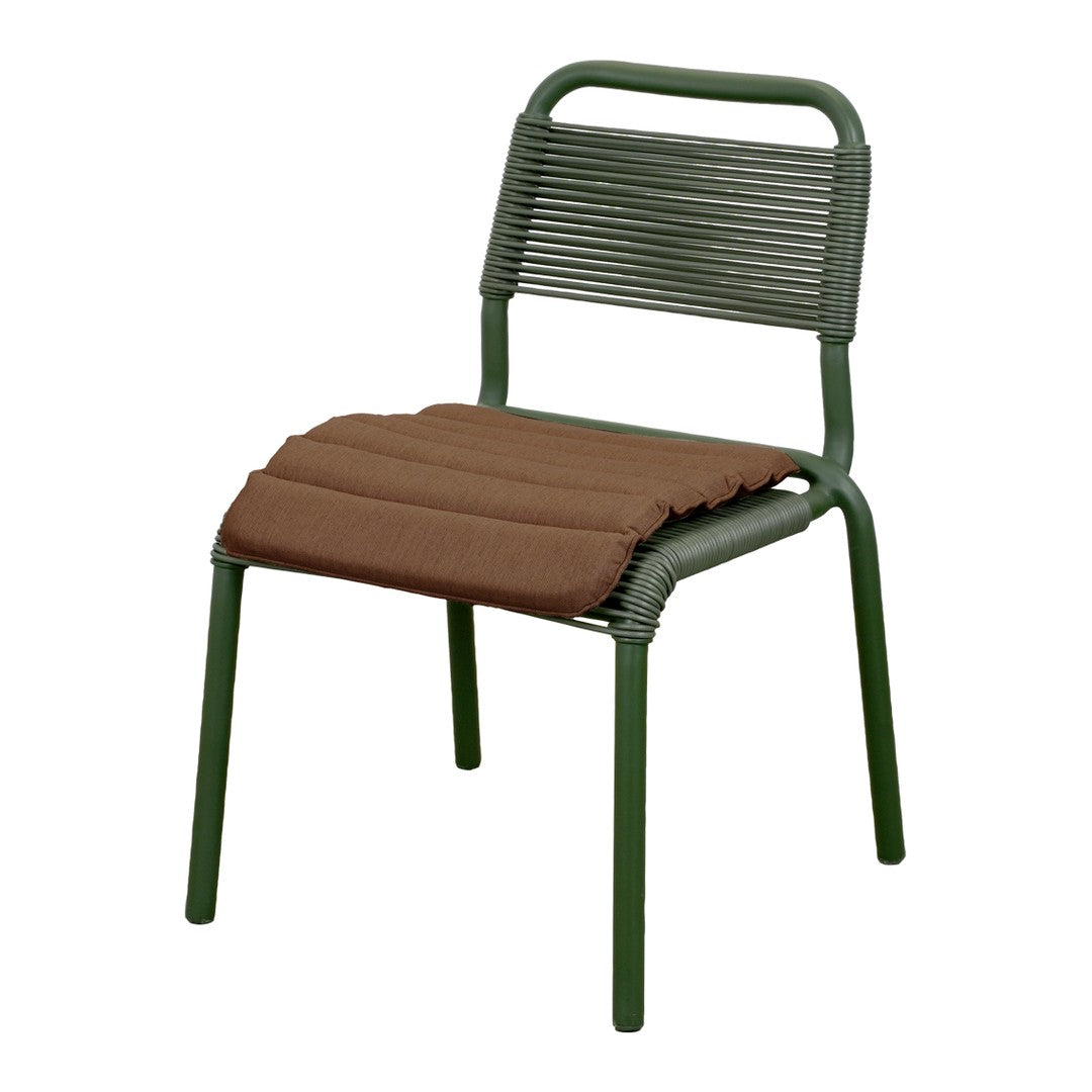 Green chair with horizontal ribbed back and a plush brown cushion for added comfort. Ideal for stylish seating.