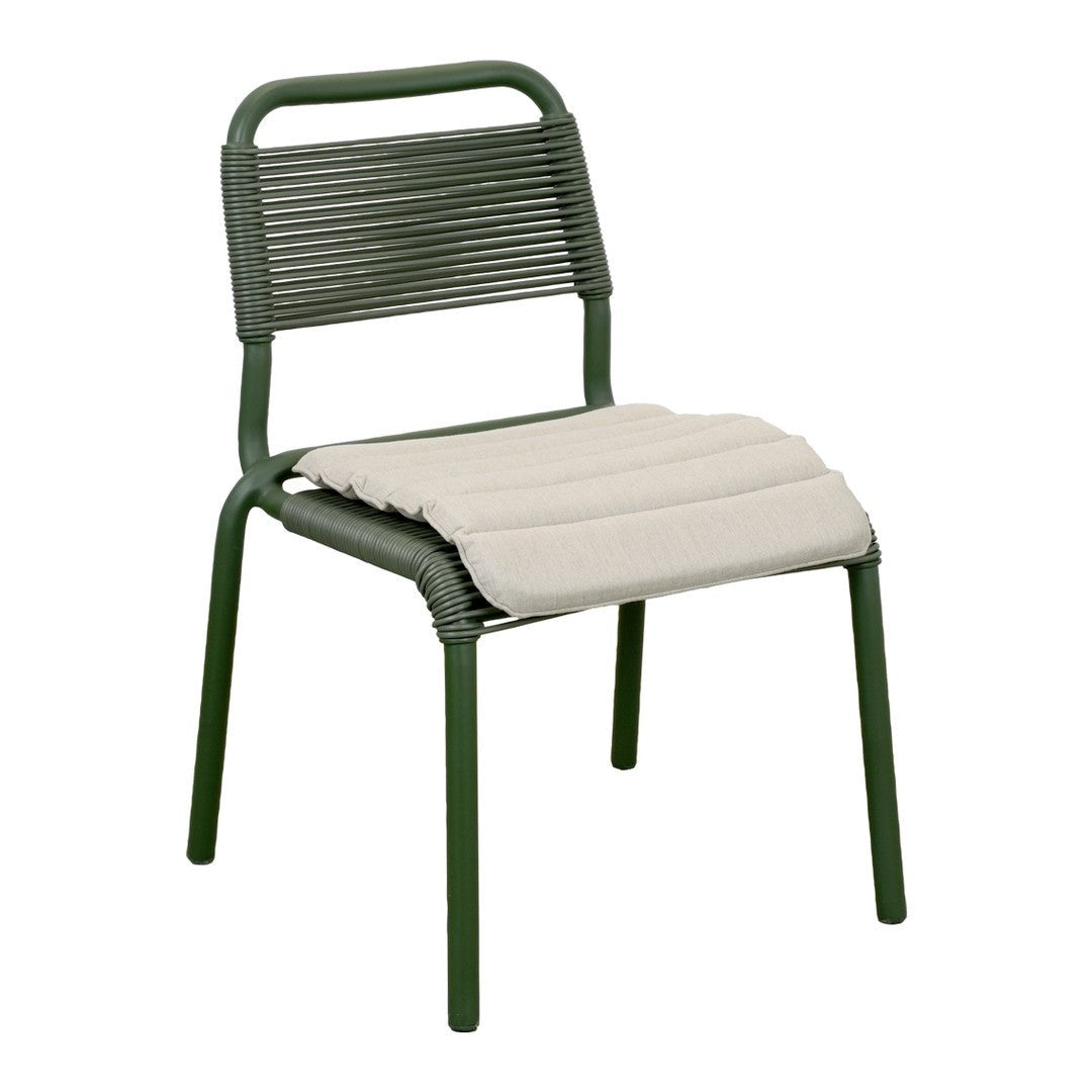 Green woven chair with a sleek design and a light beige cushion for added comfort and style.