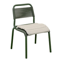 Green woven chair with a sleek design and a light beige cushion for added comfort and style.