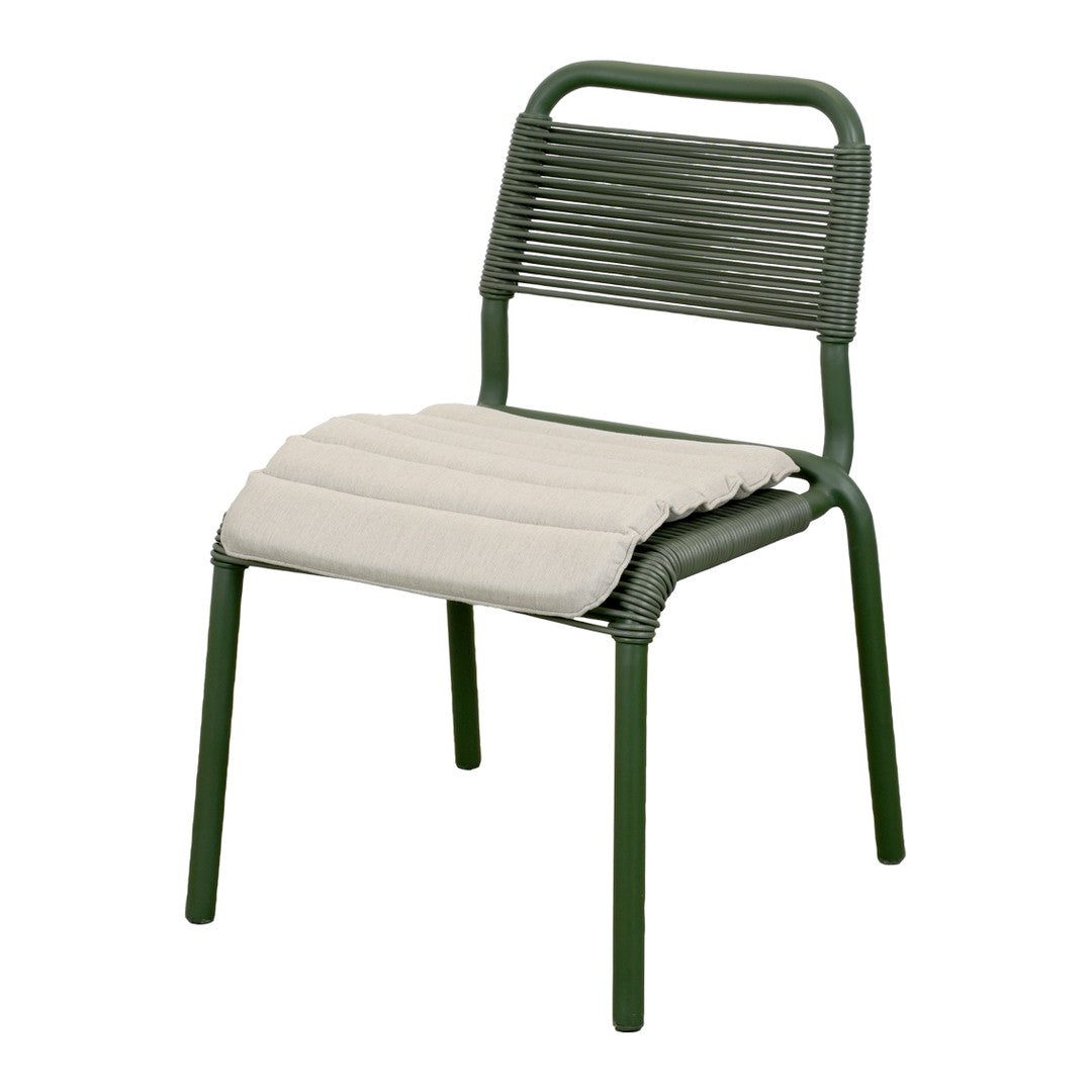 Green woven chair with a beige cushioned seat, featuring a modern and minimalistic design. Perfect for outdoor use.