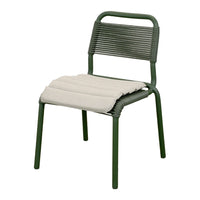Green woven chair with a beige cushioned seat, featuring a modern and minimalistic design. Perfect for outdoor use.