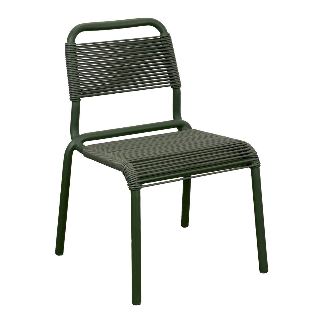 Green striped outdoor chair with a modern, minimalist design, featuring a sleek ribbed pattern and sturdy metal frame.