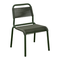 Green striped outdoor chair with a modern, minimalist design, featuring a sleek ribbed pattern and sturdy metal frame.