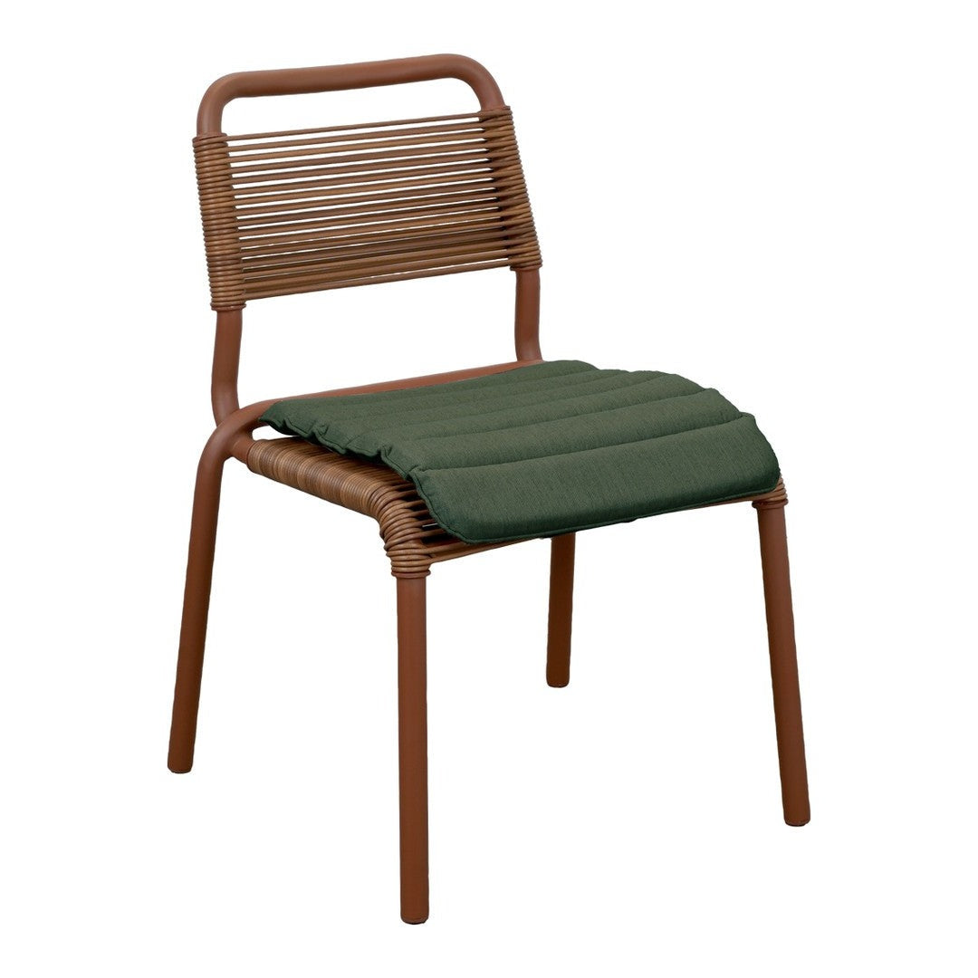 Brown woven chair with a solid green cushion, featuring a modern and minimalist design. Perfect for indoor or outdoor use.