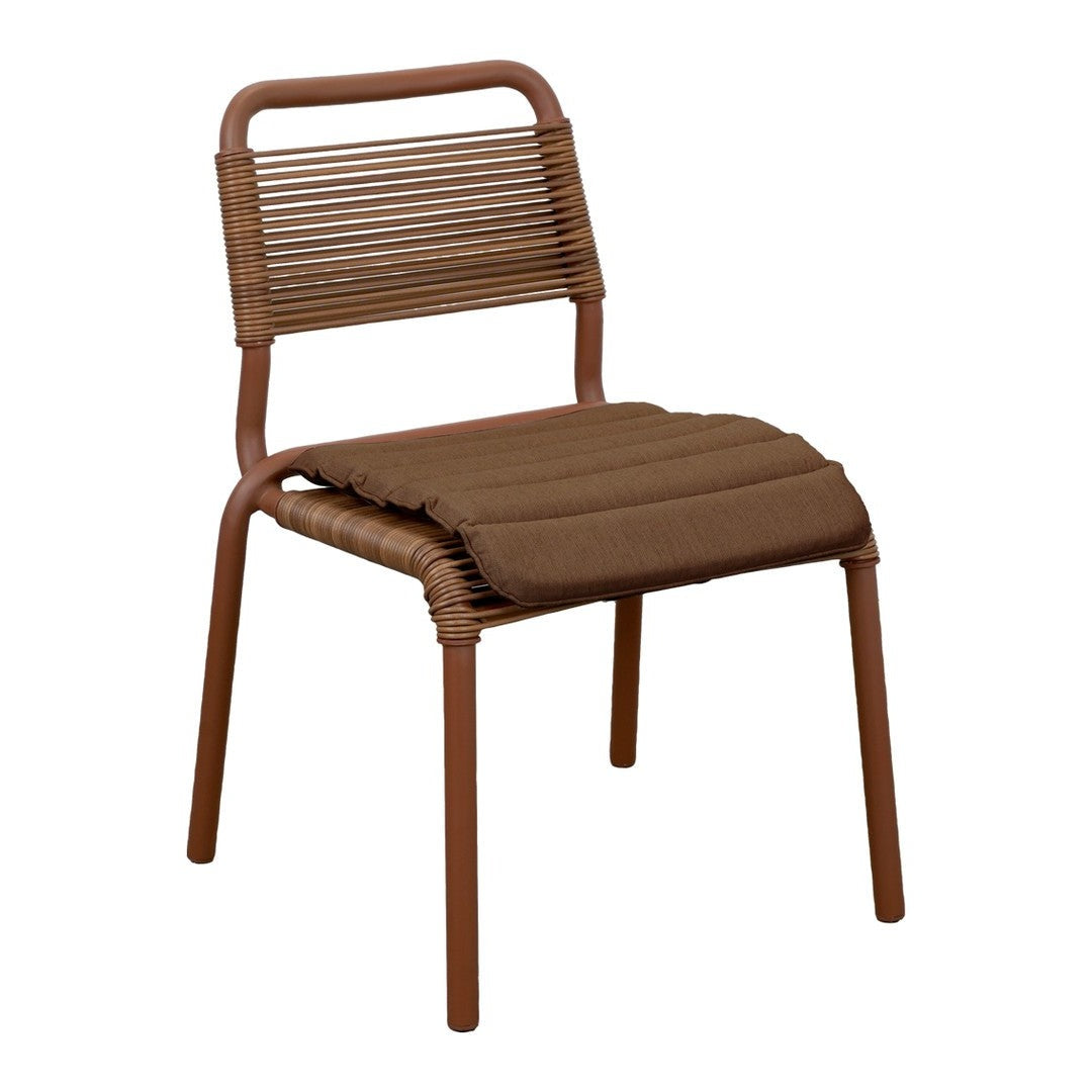 Brown woven chair with a slatted back and a cushioned seat in a warm, earthy color. Stylish and modern design.