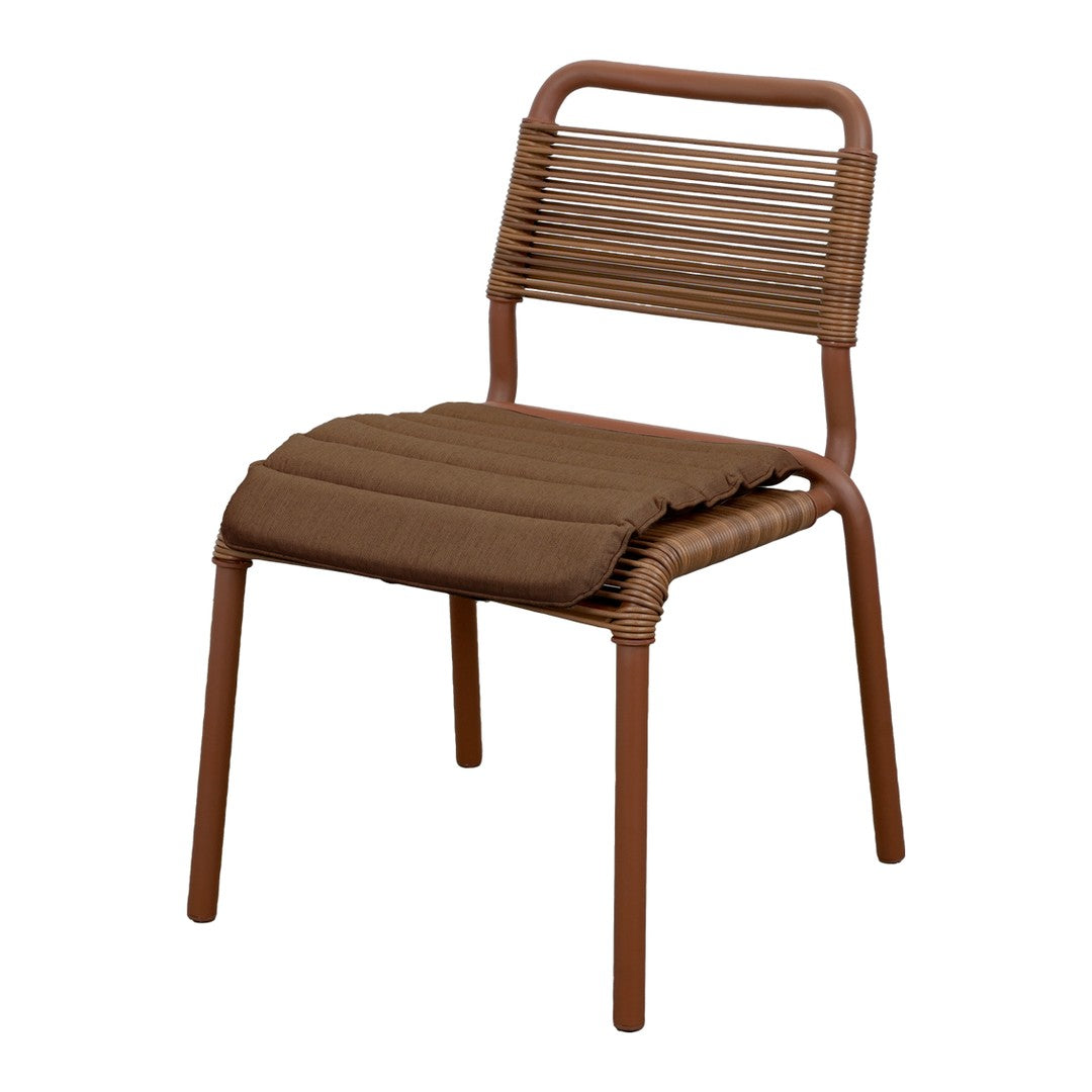Brown woven chair with a textured seat and back, featuring a modern open-stripe design. Ideal for stylish seating.