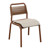 Brown wicker dining chair with horizontal stripes and a beige padded seat cushion. Perfect for modern decor.