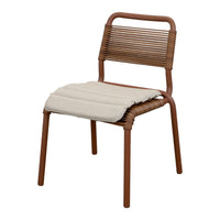 Brown woven chair with a light beige cushioned seat, featuring horizontal and vertical striped patterns.