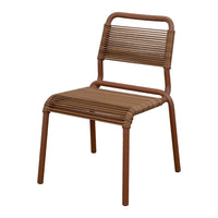 Brown striped outdoor chair with a sleek geometric design and a durable metal frame. Perfect for casual dining.