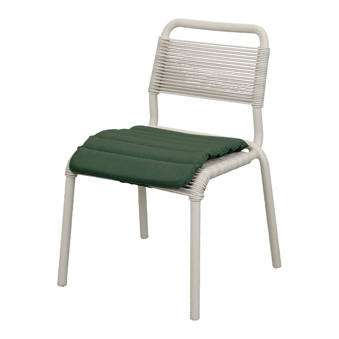 White rope chair with a green padded seat, featuring clean lines and a minimalist design. Perfect for modern decor.