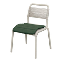White rope chair with a green padded seat, featuring clean lines and a minimalist design. Perfect for modern decor.
