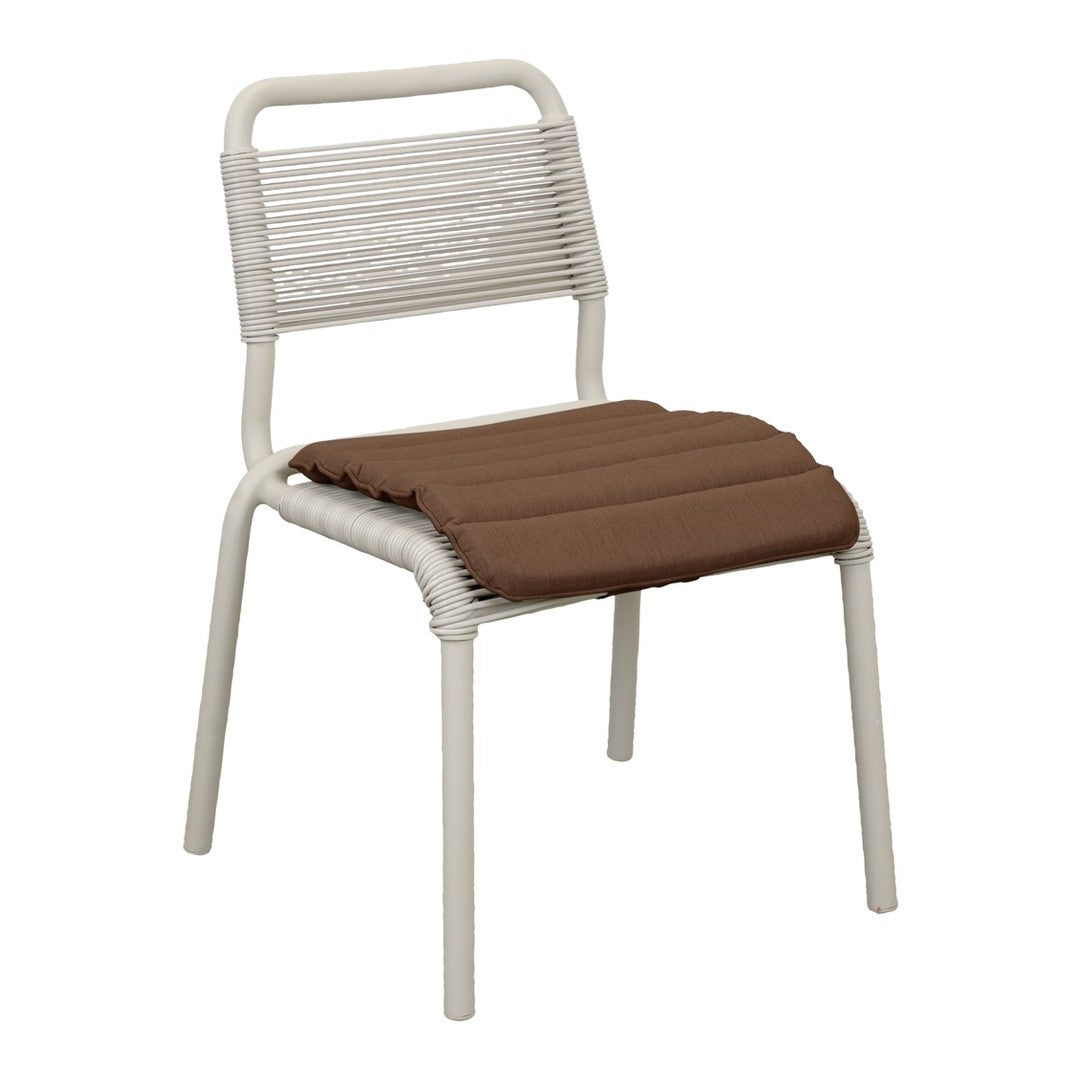 White chair with a textured backrest and a solid brown cushioned seat. Ideal for modern and minimalist decor.