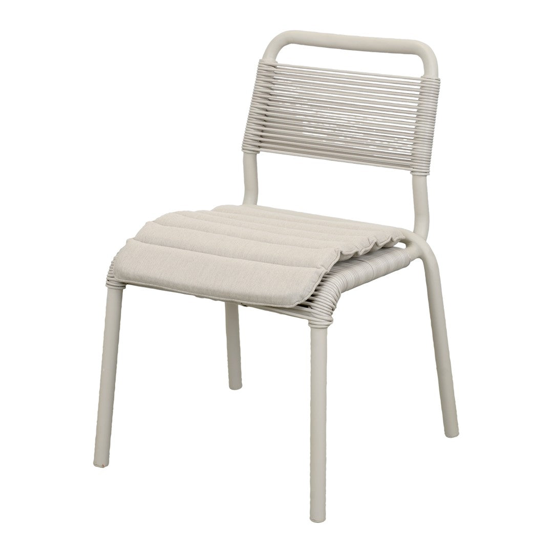 Light gray chair with a minimalist design, featuring a woven seat and backrest, perfect for modern decor.