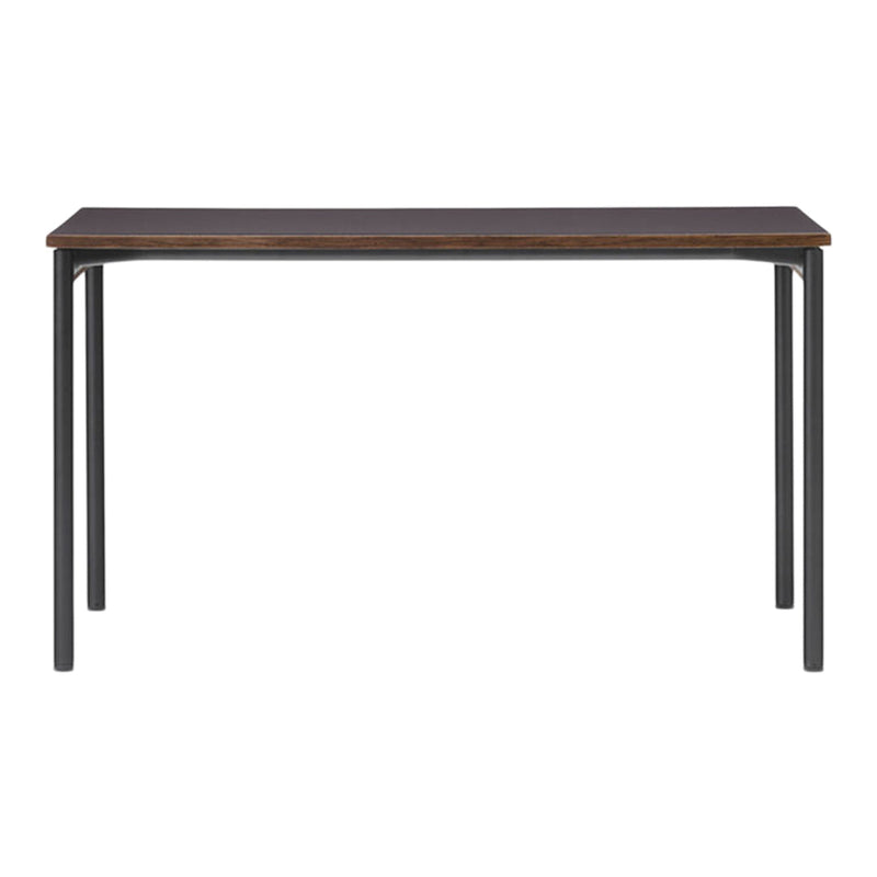 Rectangular table with a dark wood top and black metal legs, featuring a sleek, modern design and matte finish.