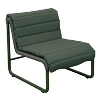 Green upholstered lounge chair with a smooth, quilted pattern and a sleek metal frame. Ideal for modern decor.