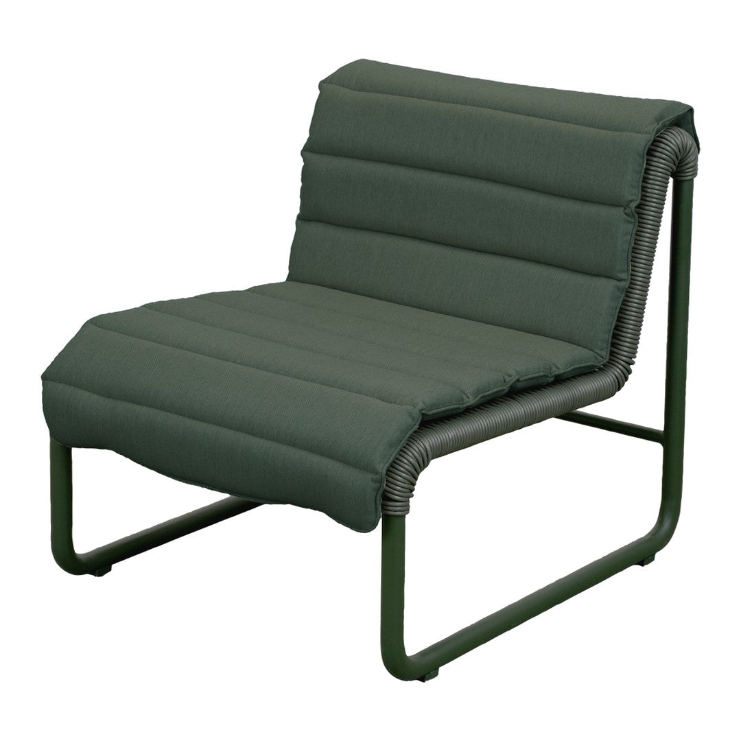 Green padded lounge chair with a sleek modern design and textured fabric covering. Minimalist metal frame.