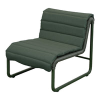 Green padded lounge chair with a sleek modern design and textured fabric covering. Minimalist metal frame.