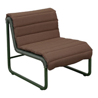 Brown cushioned chair with a sleek green metal frame, featuring a simple striped pattern for a modern look.