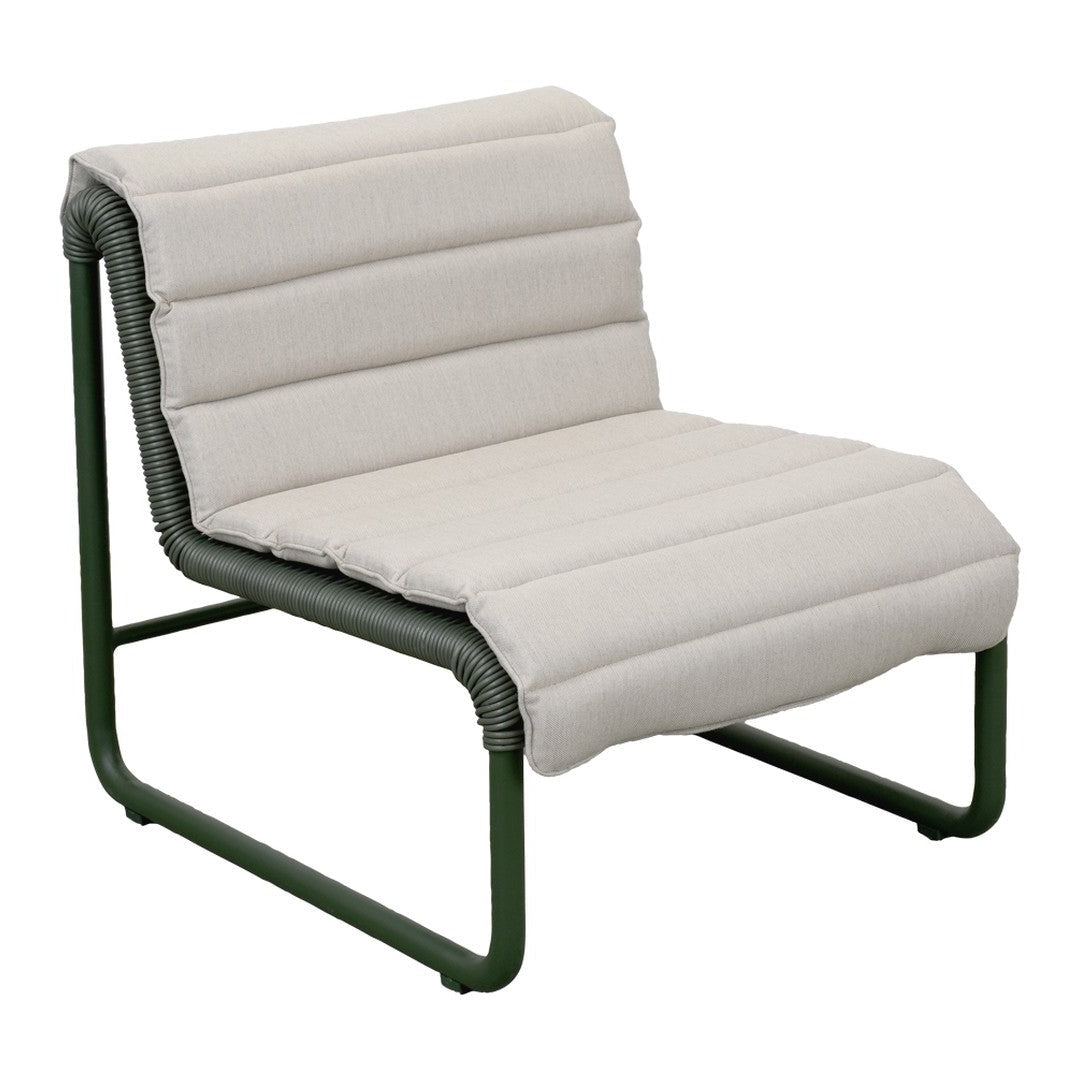 Light beige striped cushion on green metal frame, featuring a modern minimalist design. Perfect for contemporary decor.