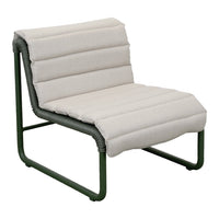 Light beige striped cushion on green metal frame, featuring a modern minimalist design. Perfect for contemporary decor.