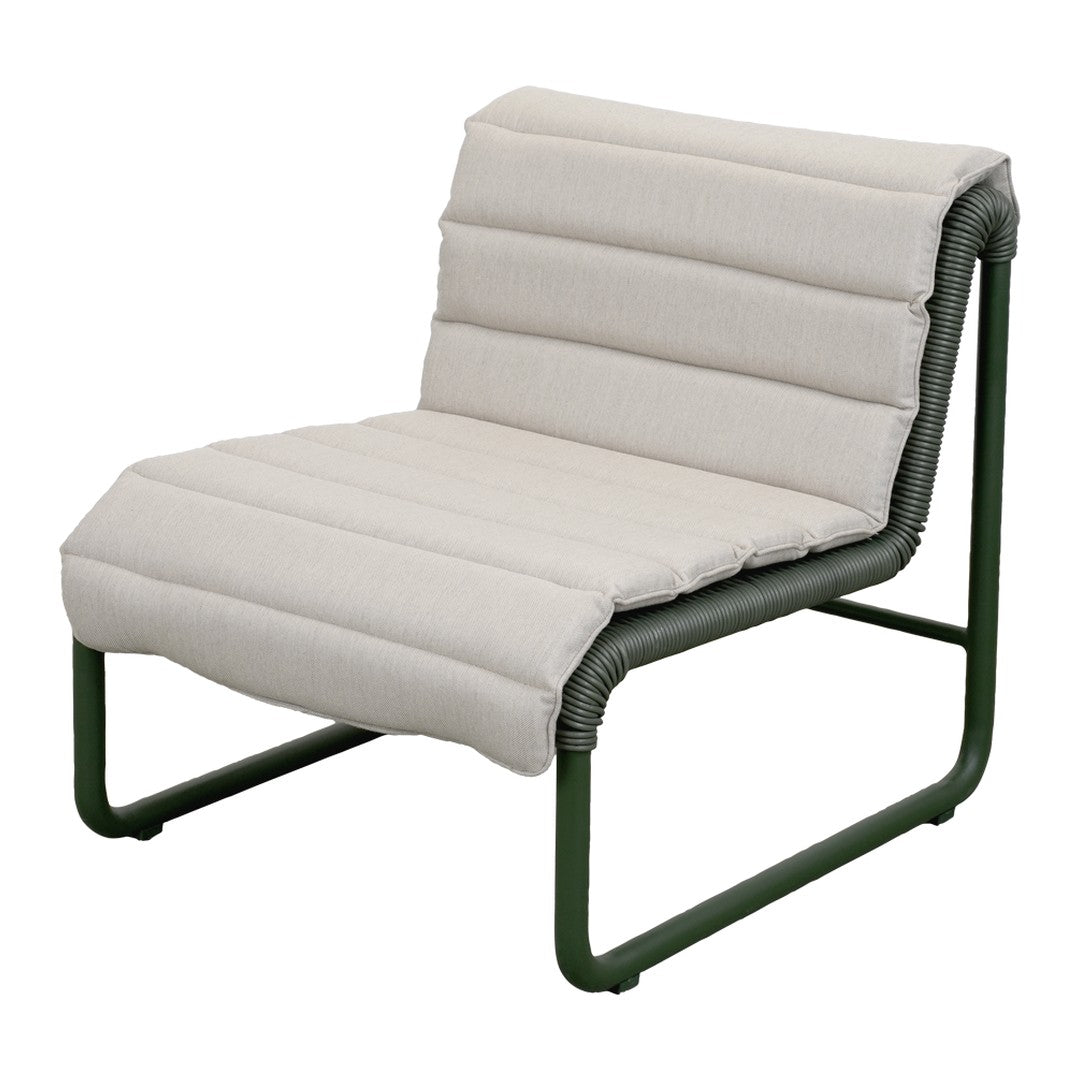 Beige padded chair with a textured design and dark green metal frame. Modern and minimalist aesthetic.